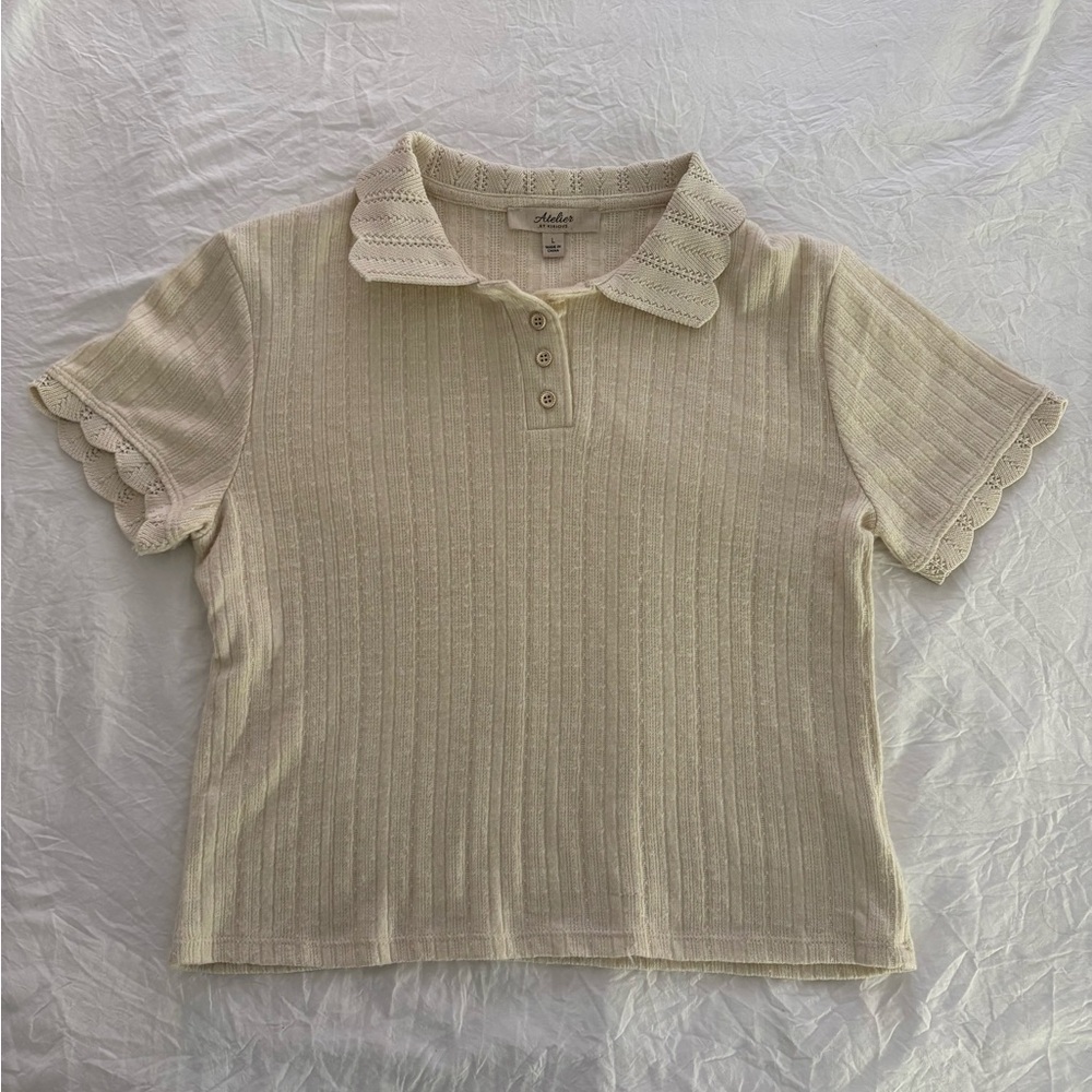 Scallop Collar Ribbed Cropped Shirt Size L